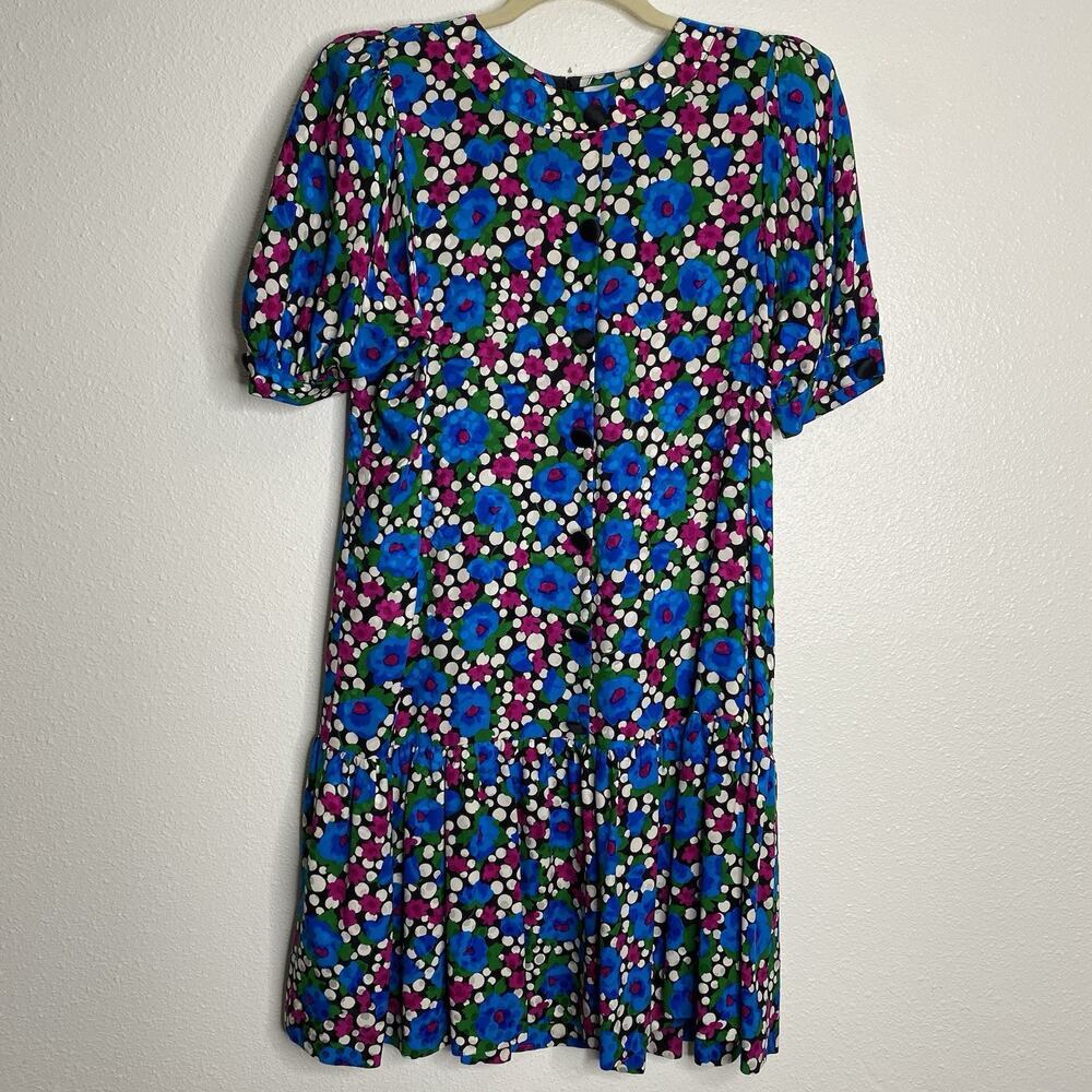 Vintage Adolfo New York 100% Silk Blue Floral Dress RARE Size M